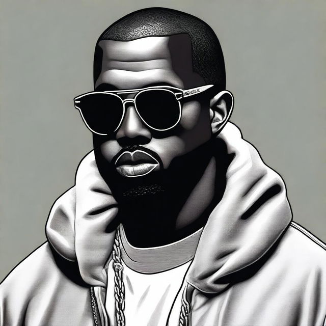 A detailed portrait of Kanye West, capturing his iconic style and personality