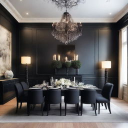 A beautifully decorated dining room with one wall adorned for a festive event