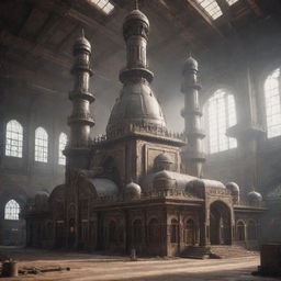 An imposing mosque in a dieselpunk style, festooned with retro-futuristic machinery, industrial elements, and a distinct gritty, vintage-toned atmosphere.