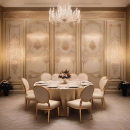 A beautifully decorated dinner wall with light-colored motifs, designed for a luxury event