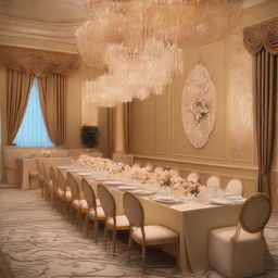 A beautifully decorated dinner wall with light-colored motifs, designed for a luxury event