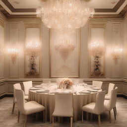 A beautifully decorated dinner wall with light-colored motifs, designed for a luxury event