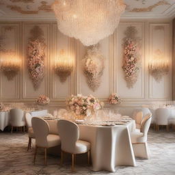 A beautifully decorated dinner wall with light-colored motifs, designed for a luxury event