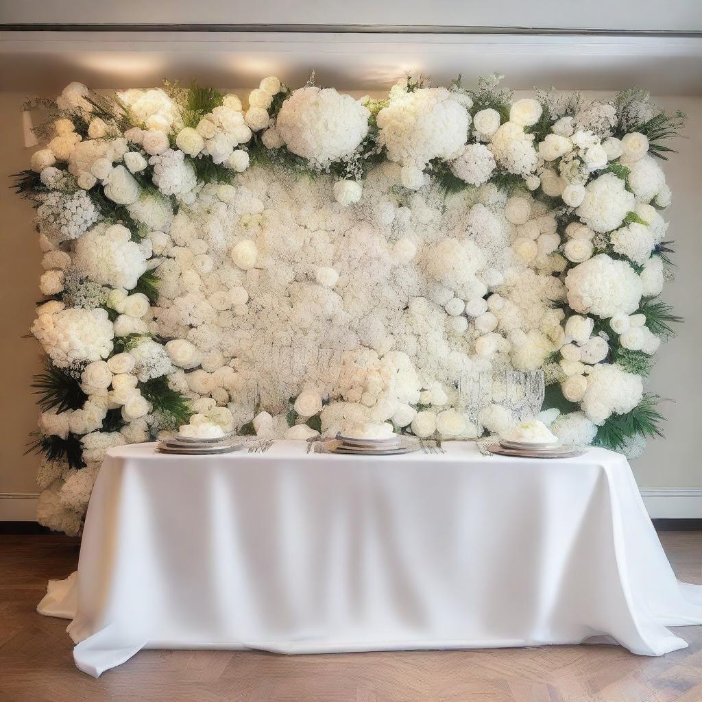 A beautifully decorated dinner room wall for a wedding, featuring an elegant whiteout theme with an abundance of flowers