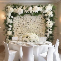 A beautifully decorated dinner room wall for a wedding, featuring an elegant whiteout theme with an abundance of flowers