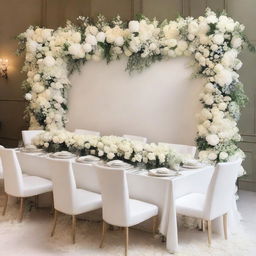 A beautifully decorated dinner room wall for a wedding, featuring an elegant whiteout theme with an abundance of flowers