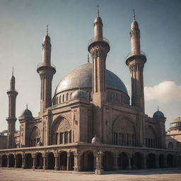 An imposing mosque in a dieselpunk style, festooned with retro-futuristic machinery, industrial elements, and a distinct gritty, vintage-toned atmosphere.