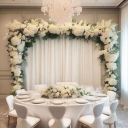 A beautifully decorated dinner room wall for a wedding, featuring an elegant whiteout theme with an abundance of flowers