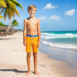 Create a full-body photo of a 12-year-old boy wearing a swimsuit