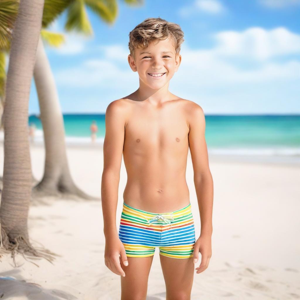 Create a full-body photo of a 12-year-old boy wearing a swimsuit