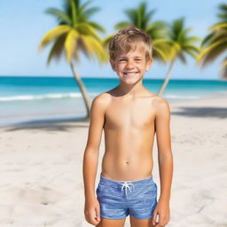 Create a full-body photo of a 12-year-old boy wearing a swimsuit