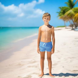 Create a full-body photo of a 12-year-old boy wearing a swimsuit