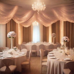 A beautifully decorated dinner room wall for a wedding, featuring elegant drapery, fairy lights, and tasteful wall art