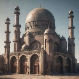 An imposing mosque in a dieselpunk style, festooned with retro-futuristic machinery, industrial elements, and a distinct gritty, vintage-toned atmosphere.