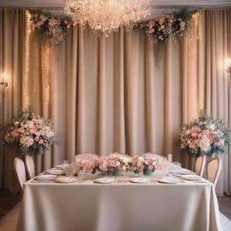 A beautifully decorated dinner room wall for a wedding, featuring elegant drapery, fairy lights, and tasteful wall art