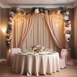 A beautifully decorated dinner room wall for a wedding, featuring elegant drapery, fairy lights, and tasteful wall art