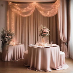 A beautifully decorated dinner room wall for a wedding, featuring elegant drapery, fairy lights, and tasteful wall art