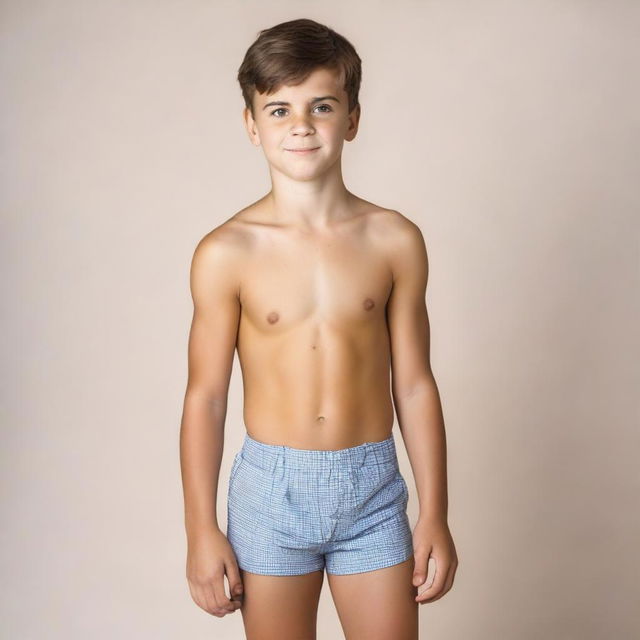 Create a photo of a 12-year-old boy wearing boxer shorts