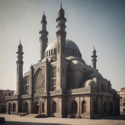 An imposing mosque in a dieselpunk style, festooned with retro-futuristic machinery, industrial elements, and a distinct gritty, vintage-toned atmosphere.