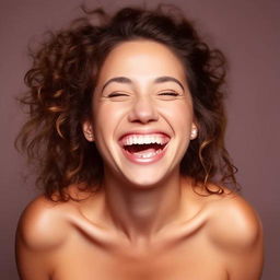 A radiant woman in mid-laughter, her eyes twinkling with joy, her mouth wide open as laughter escapes, a positive energy surrounding her.