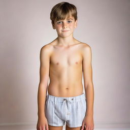 Create a photo of a 12-year-old boy wearing boxer shorts