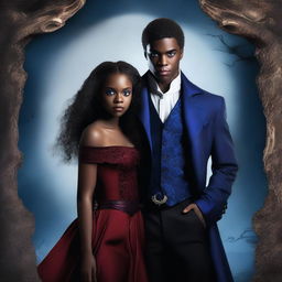 Design a book cover featuring a young African American female vampire standing with an air of regal elegance next to a male witch with striking blue eyes