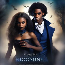 Design a book cover featuring a young African American female vampire standing with an air of regal elegance next to a male witch with striking blue eyes