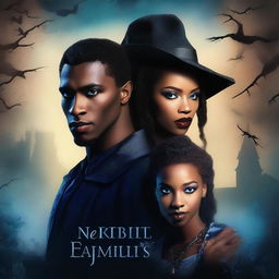 Design a book cover featuring a young African American female vampire standing with an air of regal elegance next to a male witch with striking blue eyes