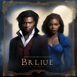 Design a book cover featuring a young African American female vampire standing with an air of regal elegance next to a male witch with striking blue eyes