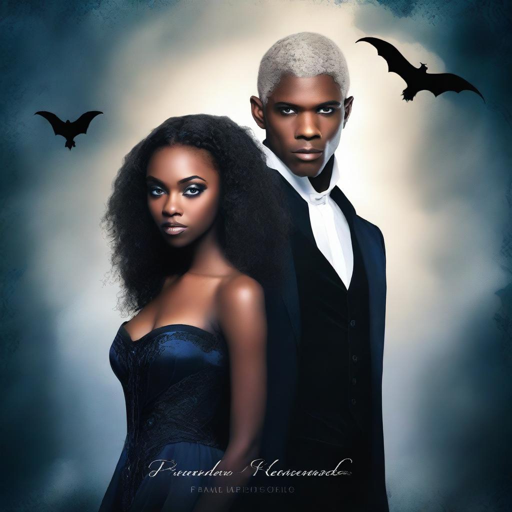 Design a book cover featuring a young African American female vampire and a white male witch with blue eyes