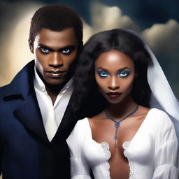 Design a book cover featuring a young African American female vampire and a white male witch with blue eyes