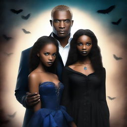 Design a book cover featuring a young African American female vampire and a white male witch with blue eyes