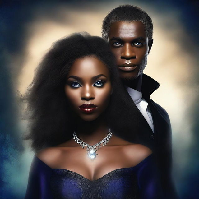 Design a book cover featuring a young African American female vampire and a white male witch with blue eyes