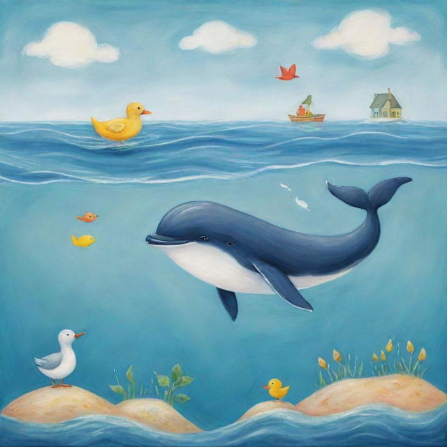 A playful scene featuring a whimsical whale and a charming duck interacting in the ocean.