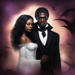 Design a book cover featuring a young African American female vampire and a white male witch