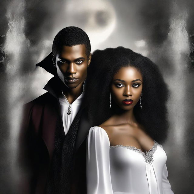 Design a book cover featuring a young African American female vampire and a white-skinned male witch