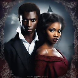 Design a book cover featuring a young African American female vampire and a white-skinned male witch