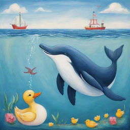 A playful scene featuring a whimsical whale and a charming duck interacting in the ocean.