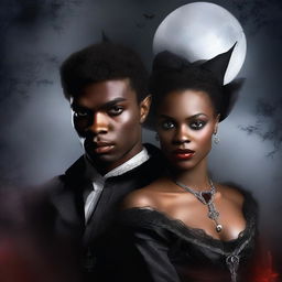 Design a book cover featuring a young African American female vampire and a white-skinned male witch