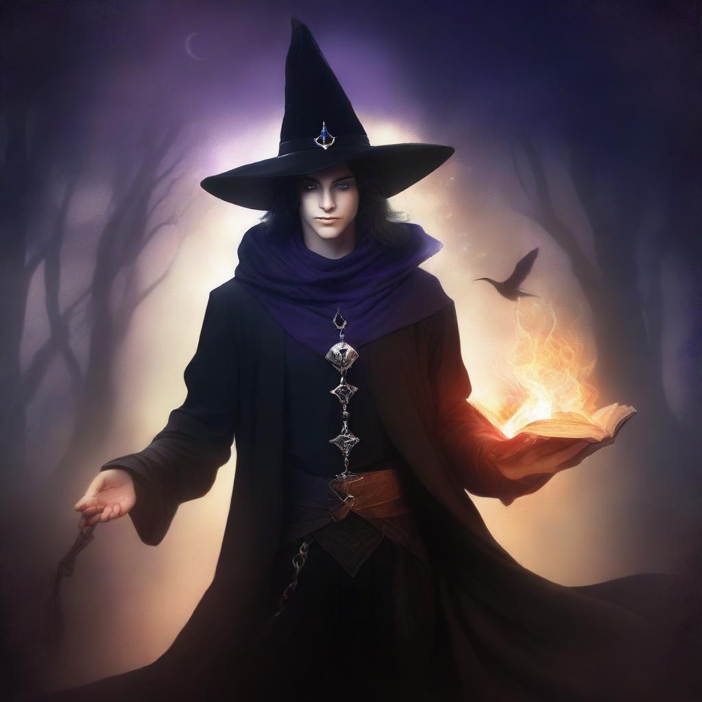 Design a book cover featuring a male witch