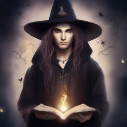 Design a book cover featuring a male witch