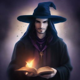 Design a book cover featuring a male witch