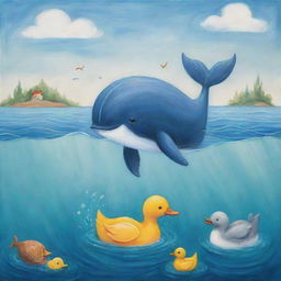 A playful scene featuring a whimsical whale and a charming duck interacting in the ocean.