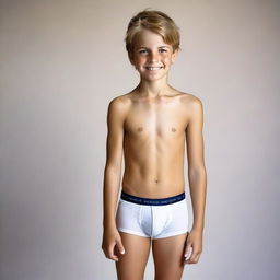 Create a photo of a 12-year-old boy wearing underwear