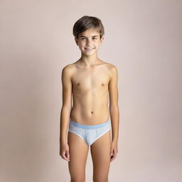 Create a photo of a 12-year-old boy wearing underwear