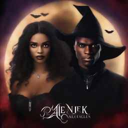 Design a book cover featuring a male witch and a young African American female vampire