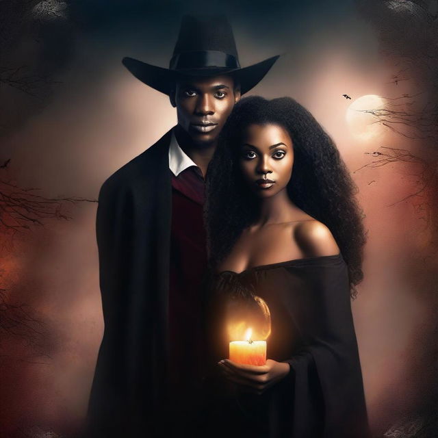 Design a book cover featuring a male witch and a young African American female vampire