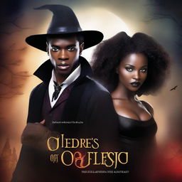 Design a book cover featuring a male witch and a young African American female vampire