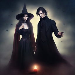 Design a book cover featuring a male witch and a young female vampire