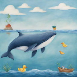 A playful scene featuring a whimsical whale and a charming duck interacting in the ocean.